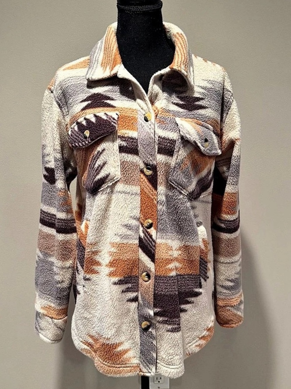 Altar’d State Aztec Fleece Shacket in Cream & Brown XS